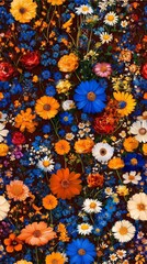 Wildflower meadow captured in breathtaking realism, with a seamless pattern of swaying blossoms bathed in the warm glow of sunset  