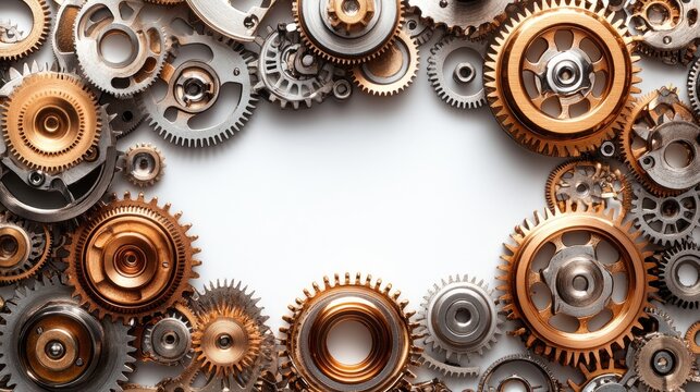Intricate arrangement of metallic gears and cogs creating a mechanical border on a white background