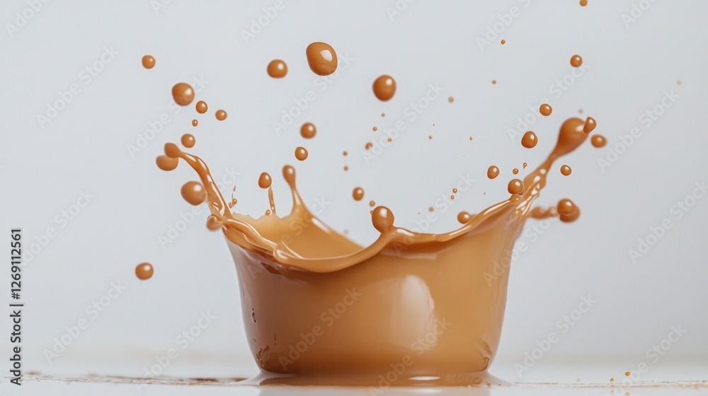 Poster A rich burst of melted caramel explodes in delightful splashes, creating an artistic contrast against the clean white surface. This sweet spectacle captivates the senses with its glossy texture