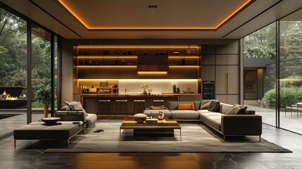 Modern indoor-outdoor living space with L-shaped sofa, built-in kitchen, and large windows showcasing lush greenery.