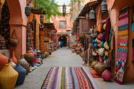 Colorful carpets and souvenirs decorating the stalls of a moroccan souk in marrakesh