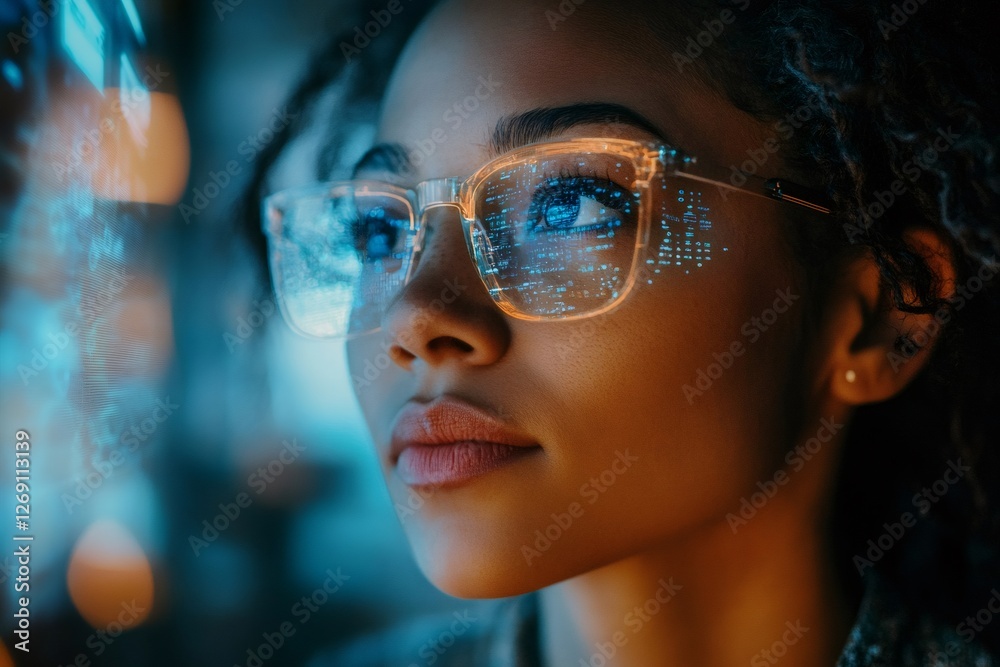 Fototapete Software engineer working with futuristic augmented reality glasses and computer code