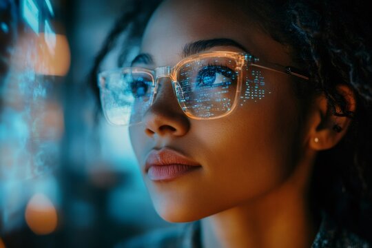 Software engineer working with futuristic augmented reality glasses and computer code