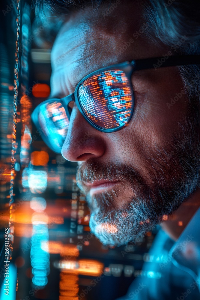 Fototapete Software engineer working late and programming code reflecting in glasses