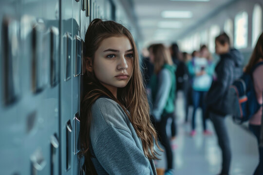 Lonely teenage girl standing by school lockers in hallway with other students are blurred in background. Concept of social isolation, school bullying and teenage emotions in academic environment