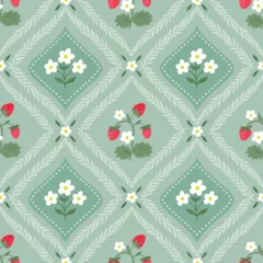 Gardinen Küche Muster  Strawberries and flowers seamless pattern, vintage spring and summer wallpaper, charming background  © lilett