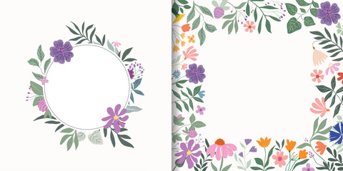 Spring and summer  collection with floral frames, decorative invitation, greeting card with flowers in bloom