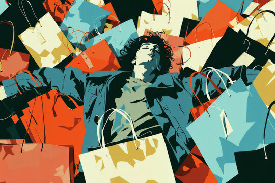 Person lying on pile of colorful shopping bags. Concept of overconsumption and consumer culture
