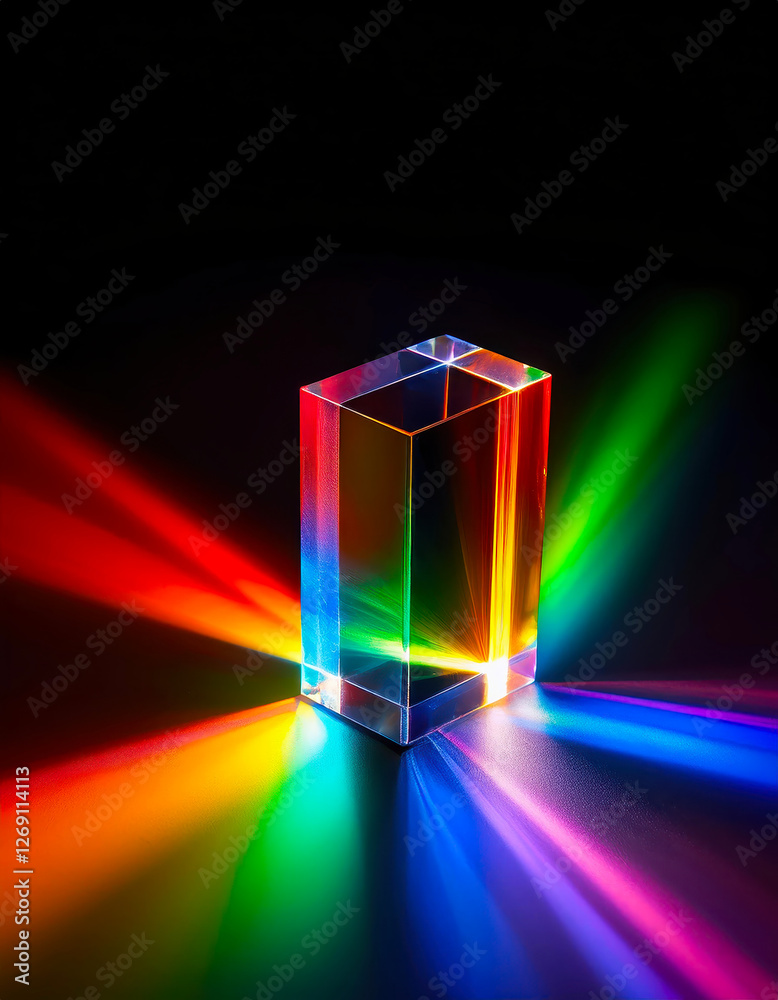 Poster light dances through glass prism, unveiling a vivid spectrum of color in a dark space