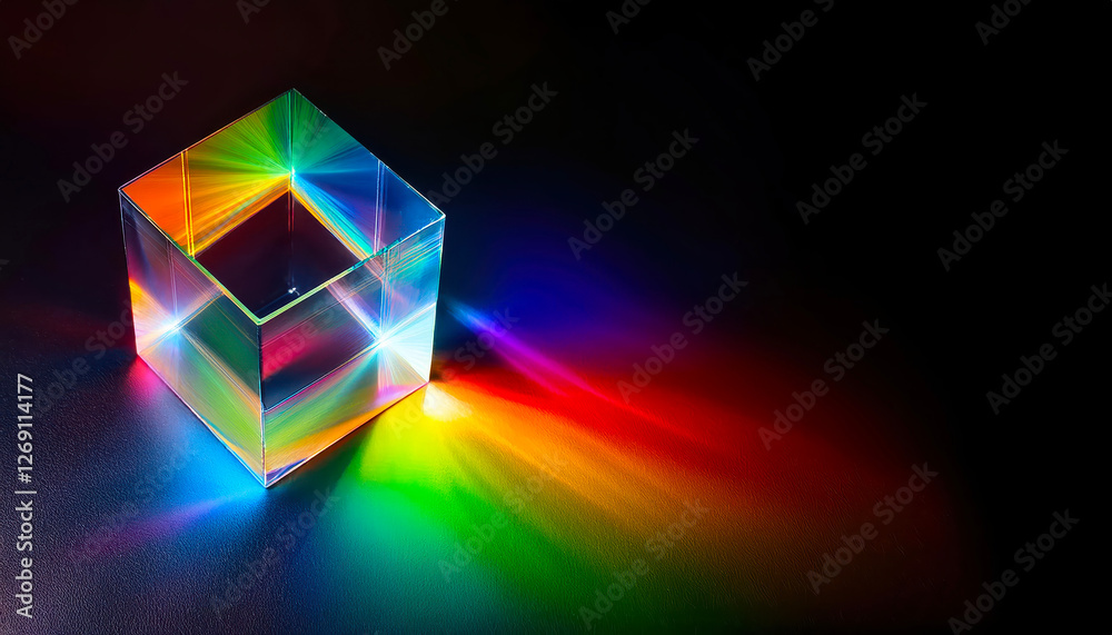 Poster light dances through a prism creating a stunning rainbow spectrum on a dark surface