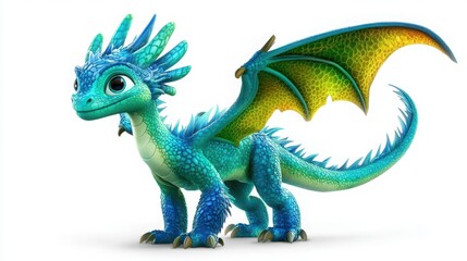 Obraz premium Adorable Blue Dragon Cartoon Character Illustration on White Background