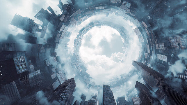 A mesmerizing upward view of a cyberpunk cityscape warped into a circular tunnel, with skyscrapers bending inward toward a bright cloudy center, creating an inception-like architectural portal