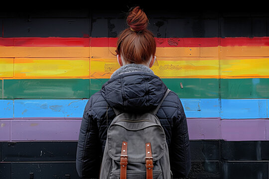 Student in front of an LGBT rainbow colored flag represent LGBTQ Inclusive School Environment, Promoting Equality, Acceptance, and Safe Learning for All or discrimination and mental health issues