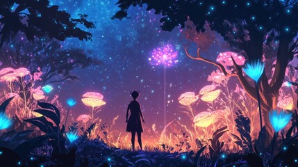 A silhouette of a child stands in a vibrant, enchanted forest filled with glowing flowers and ethereal lights, creating a magical atmosphere at twilight