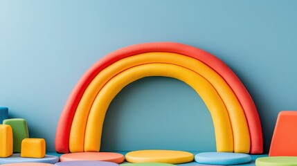 A Colorful Rainbow Playground Room for Kid Concept, Bright and Colorful Playroom with Soft Rainbow Arch and Playful Shapes for Creative Learning and Fun