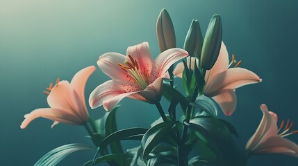 Obraz premium A group of pink lilies on a dark teal background
