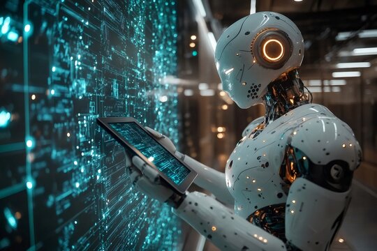 Robot using tablet analyzing data on futuristic screen in server room