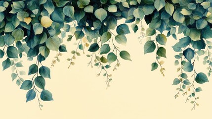 Lush green leaves cascading down against a soft beige background, creating a serene and calming atmosphere