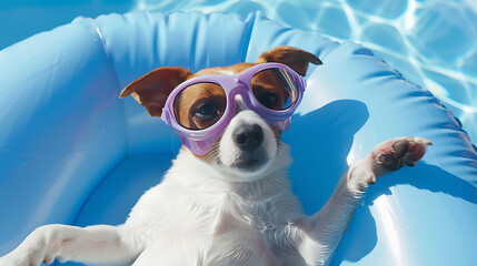Puppy wearing goggles and lounging on an inflatable seat is a jack russell terrier