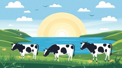 Cows Grazing in Hilly Countryside with Pastoral Theme and Scenic Background