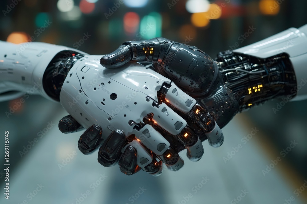 Poster Two robot hands shaking in a futuristic technological environment