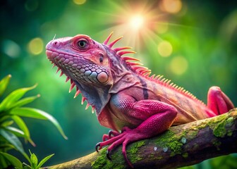 Fototapeta premium Pink Iguana on Branch, Bokeh Background - Exotic Reptile Stock Photo