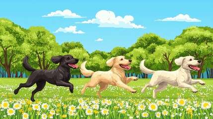 Naklejka premium Joyful Dogs Running in a Sunny Park Surrounded by Trees and Flowers
