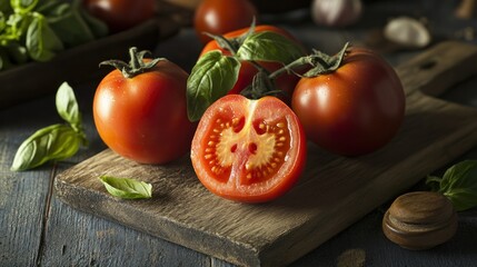 Ripe Tomatoes and Basil on Rustic Wooden Board