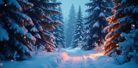 Fototapeta premium Snow-covered pine forest, twinkling fairy lights, backdrop, image