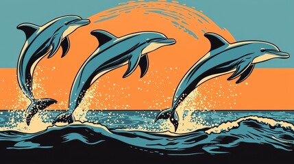 Dolphins Leaping Over Waves Against a Warm Orange Sunset in the Ocean