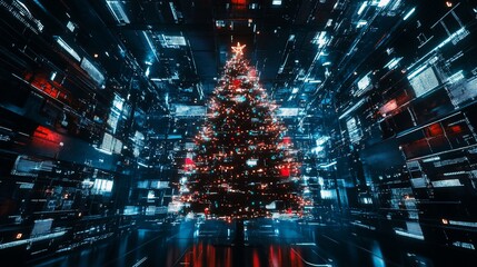 Futuristic Christmas tree in digital space.