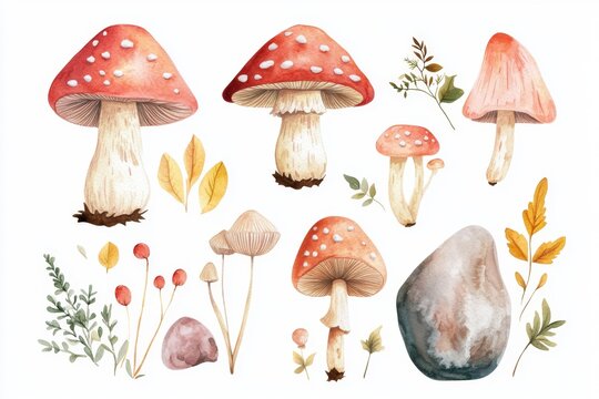 Watercolor autumn forest mushroom collection design elements
