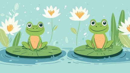 Fototapeta premium Cute Frogs Hopping on Lily Pads in Calm Pond Illustration with Flowers
