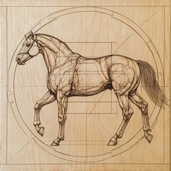 A detailed anatomical drawing of a horse, showcasing muscle structure against a geometric framework, ideal for educational and artistic purposes.