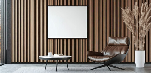 Modern interior design showcases vertical wooden paneling, a blank canvas, and a chic armchair beside a coffee table, creating a cozy feel