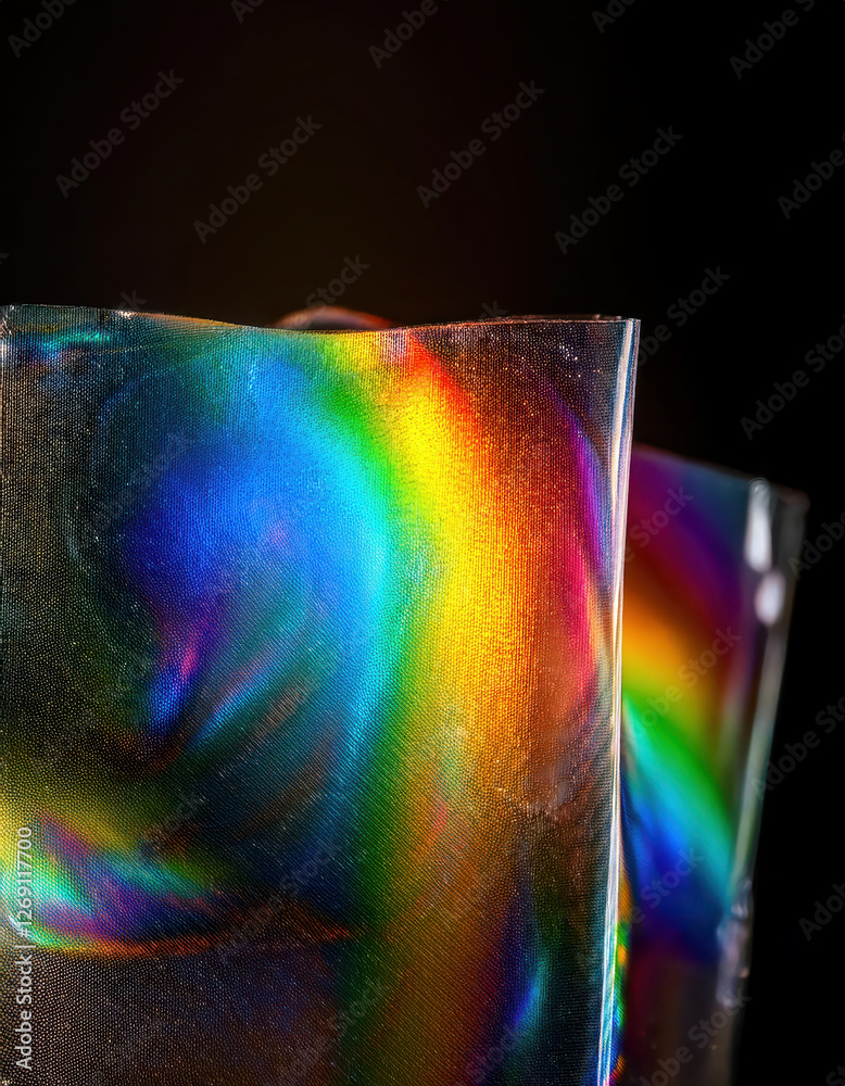 Poster creating stunning rainbow patterns through polarized light on clear plastic surfaces