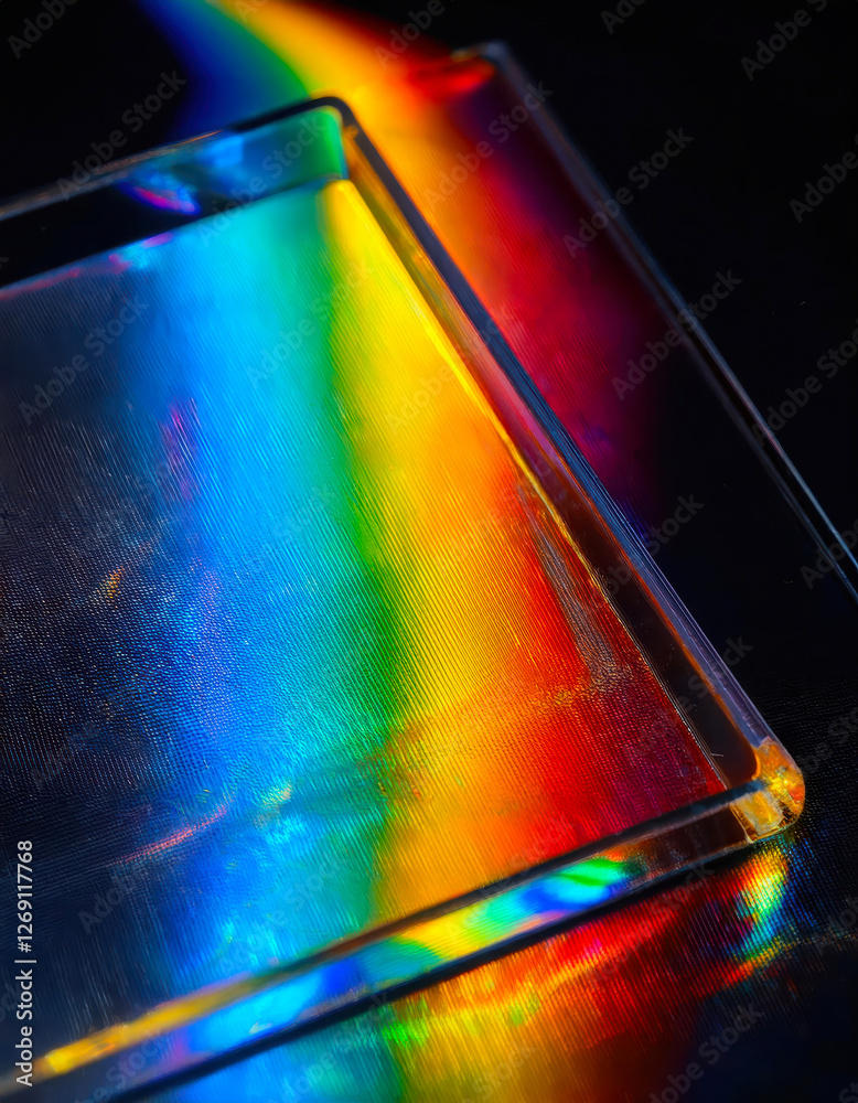 Poster exploring the vivid rainbow patterns produced by polarized light on clear plastic surfaces