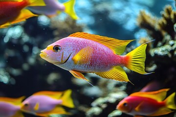 A school of colorful fish swimming in crystal-clear water