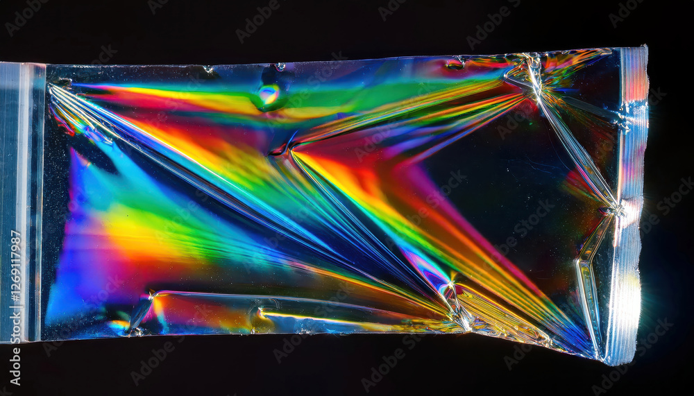 Poster polarized light dances through clear plastic creating vibrant rainbow patterns