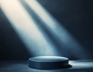 Dark studio pedestal illuminated by spotlight beams