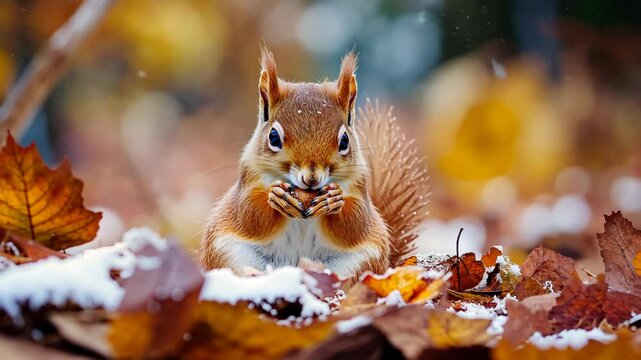 A squirrel is eating a nut in the snow. The image has a peaceful and serene mood, as the squirrel is enjoying its snack in a quiet, natural setting