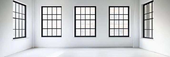 Empty white room with four large black framed windows