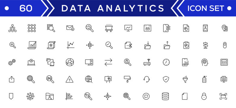 Data analysis web icon set in line style. business intelligence, data mining, Containing database, computing, data processing, research network collection, statistics, analytics, performance