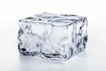 Obraz premium Clear ice cube on white background, studio shot, refreshing drink