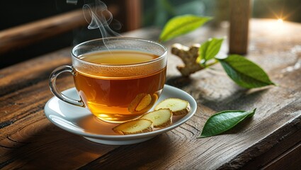 Winter hot healing tea with ginger honey lemon and spices in glass cup with steam rustic wooden background Christmas table settings  tea, lemon, 