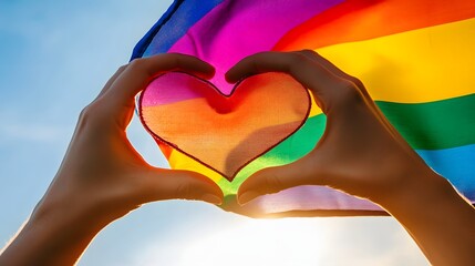 A close-up of two hands forming a heart shape against the backdrop of a waving rainbow flag, symbolizing love, acceptance, and equality 