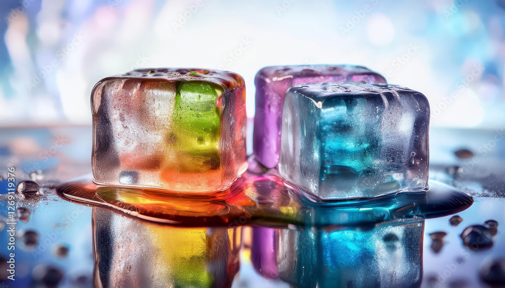 Poster melting ice cubes reveal vibrant pigments in a playful display of color and texture