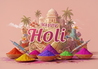 Colorful Vibrancy of Holi Festival An Artistic Representation of Joyful Traditions and Festive Colors Amidst Ancient Architecture and Floral Ambience