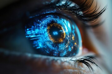 Human eye showing futuristic digital displaying data and information