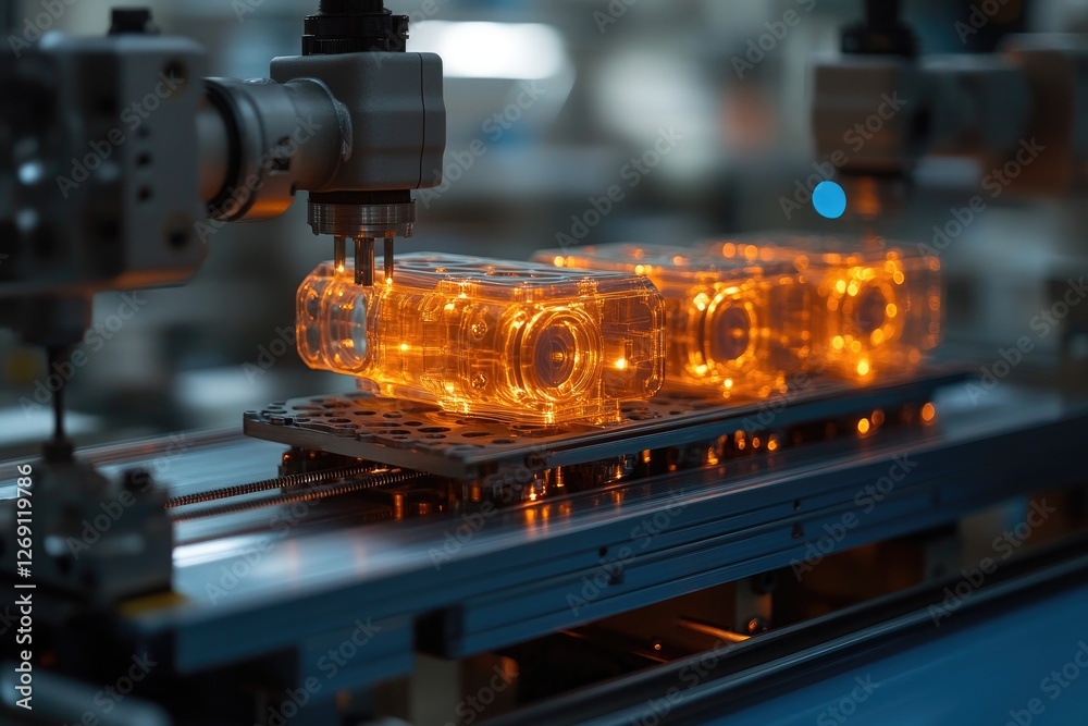 Poster Robotic arm working on illuminated transparent objects in factory setting